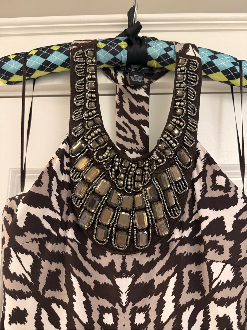 Sleeveless Brown & Cream Printed Racerback Dress with Embellished Neckline - Picture 8 of 8